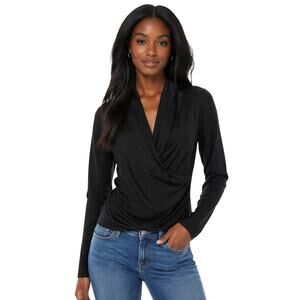 JAMES PERSE Women's Faux Wrap Long Sleeve Cotton Draped Top Black Size 2/Medium